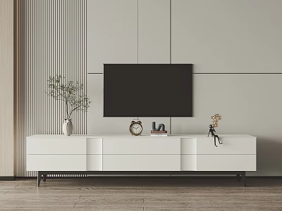 Modern White TV Stand Design With TV Decorations And Gray Wall Wooden Floor 3d model