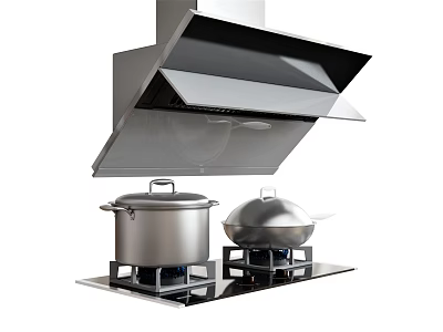Modern Stainless Steel Kitchen Appliances with Range Hood Gas Stove and Cooking Pots 3d model