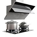Modern Stainless Steel Kitchen Appliances with Range Hood Gas Stove and Cooking Pots