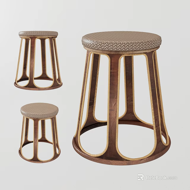 Modern Stylish Stools with Wooden Curved Legs and Woven Seat Design for Home Dining 3d model 