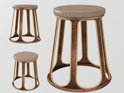 Modern Stylish Stools with Wooden Curved Legs and Woven Seat Design for Home Dining 3d model