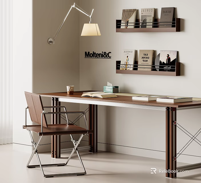 Modern Home Office Desk With Wooden Bookshelves Leather Chair Lamp And Books 3d model 