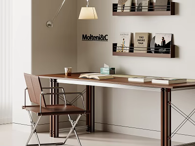 Modern Home Office Desk With Wooden Bookshelves Leather Chair Lamp And Books 3d model