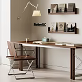 Modern Home Office Desk With Wooden Bookshelves Leather Chair Lamp And Books