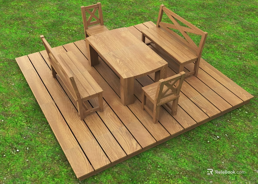 Outdoor Wooden Table and Chair Set on Wooden Deck in Green Lawn Garden 3d model 