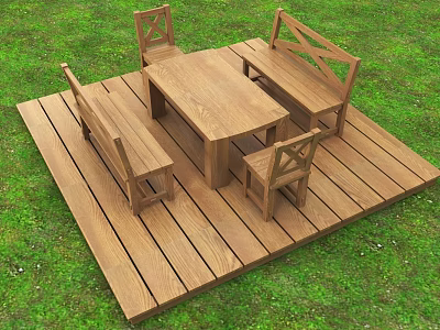 Outdoor Wooden Table and Chair Set on Wooden Deck in Green Lawn Garden 3d model