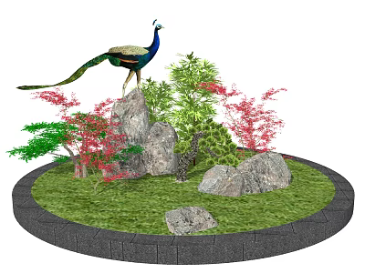 Beautiful Garden Ornament With Peacock On Stones Green Red Plants Grass And Brick Border 3d model