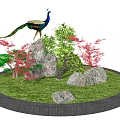 Beautiful Garden Ornament With Peacock On Stones Green Red Plants Grass And Brick Border