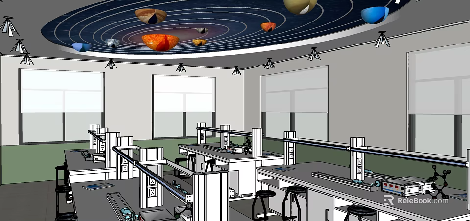Modern Laboratory Interior With Lab Benches Stools Windows And Spherical Ceiling Decorations 3d model 