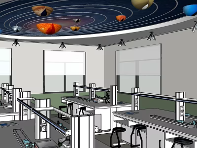 Modern Laboratory Interior With Lab Benches Stools Windows And Spherical Ceiling Decorations 3d model