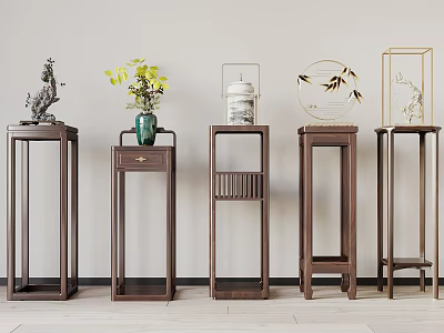 Traditional Dark Wood Flower Stands With Green Plants Vases Sculptures And Decorative Arts 3d model