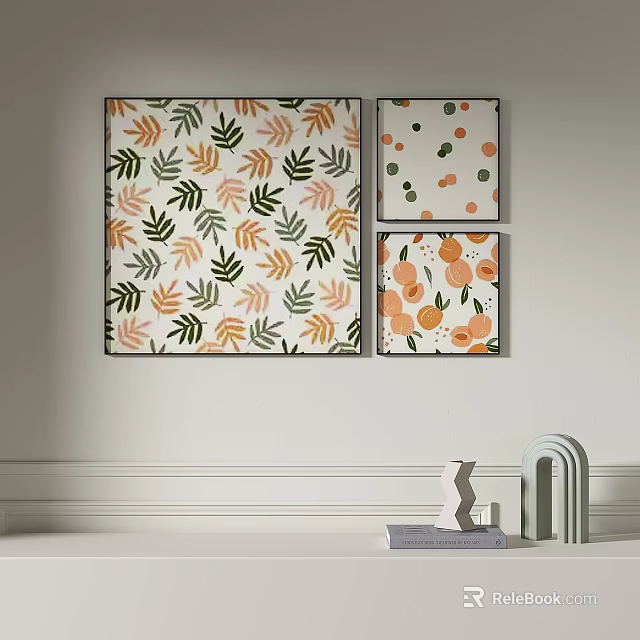 Abstract Paintings With Leaf Patterns And Orange Circular Designs In Green Orange Beige Tones 3d model 