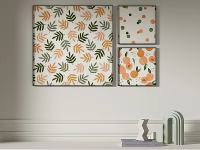 Abstract Paintings With Leaf Patterns And Orange Circular Designs In Green Orange Beige Tones 3d model