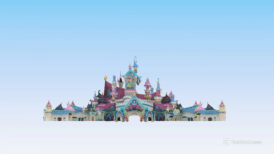 Colorful Castle Entrance Gate With Ornate Towers Decorative Spires And Vibrant Architecture For Themed Park 3d model 