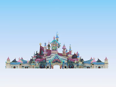 Colorful Castle Entrance Gate With Ornate Towers Decorative Spires And Vibrant Architecture For Themed Park 3d model