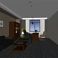 Modern Chinese Style Office Interior With Sofa Desk And Calligraphy Painting