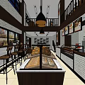 Dessert Shop Interior With Display Cases Fresh Breads Decorative Art And Hanging Lights