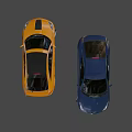 Orange Modified Sports Car Featuring Black Stripes And Dark Colored Vehicle Behind