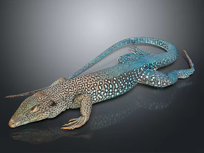 Vibrant Blue And Brown Spotted Lizard On Shiny Reflective Black Surface 3d model