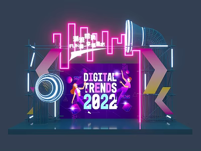 Vibrant Neon Digital Trends 2022 Exhibition Stage With Tech Elements And Figures 3d model