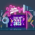 Vibrant Neon Digital Trends 2022 Exhibition Stage With Tech Elements And Figures