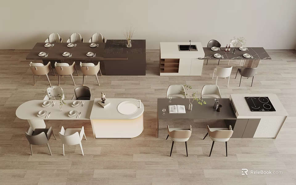 Modern Minimalist Dining Table Set With Comfortable Chairs And Decorative Plants 3d model