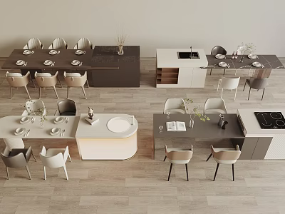 Modern Minimalist Dining Table Set With Comfortable Chairs And Decorative Plants 3d model