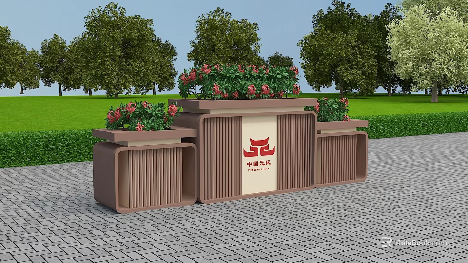Landscaped Roadside Facilities With China Construction Logo Red Flowers And Green Plants 3d model 