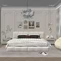Elegant Beige Bedroom Interior Design With Chandelier Paintings Area Rug And Armchair