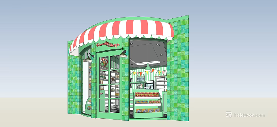 Charming Sweet Shop Exterior With Green Tiled Walls Red White Striped Awning And Display Cases 3d model 