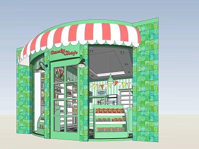 Charming Sweet Shop Exterior With Green Tiled Walls Red White Striped Awning And Display Cases 3d model