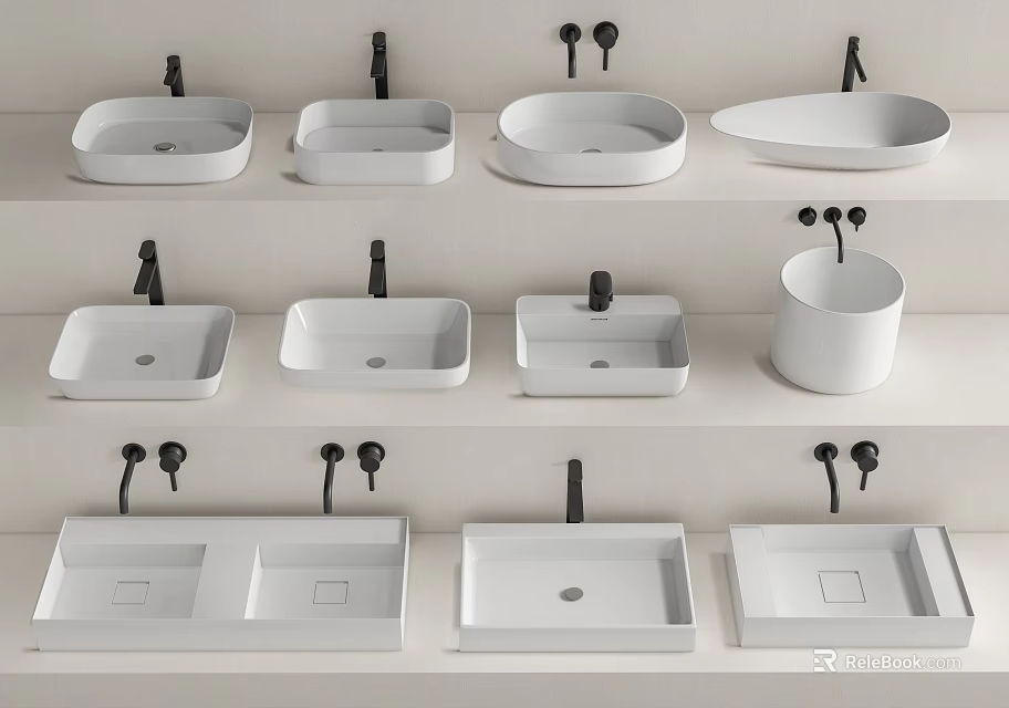 Modern Bathroom Washbasin Designs With Various Shapes And Black Faucet Fittings 3d model 