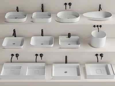 Modern Bathroom Washbasin Designs With Various Shapes And Black Faucet Fittings 3d model