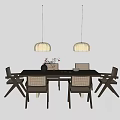 Six Minimalist Wooden Dining Chairs With Woven Seats And Hanging Pendant Lights In Dining Area