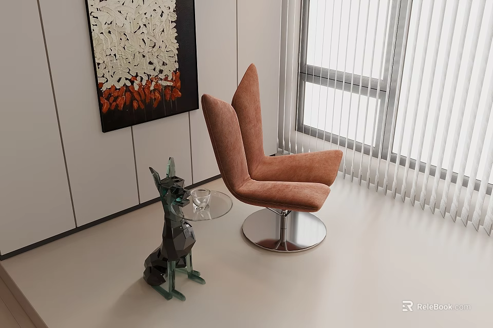 Orange Accent Chair With Green Sculpture Glass Side Table And Abstract Painting By Window With Blinds 3d model 