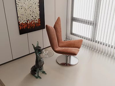 Orange Accent Chair With Green Sculpture Glass Side Table And Abstract Painting By Window With Blinds 3d model