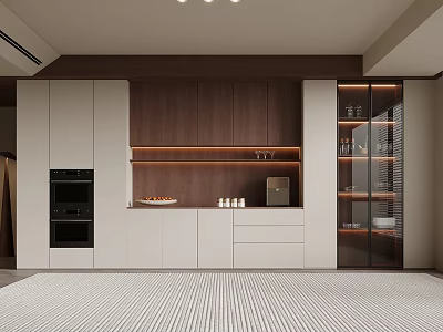 Modern Wine Cabinet With Glass Doors Wooden Panels And Interior Lighting In Kitchen 3d model