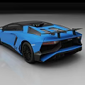 Blue Lamborghini Sports Car With Black Roof Red Interior And Rear Spoiler