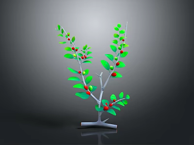 Stylish Decorative Branch With Green Leaves Red Berries And White Stem 3d model