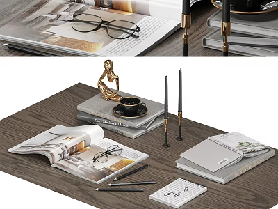 Elegant Decorative Ornament Set With Open Magazines Eyeglasses Golden Figurine And Notebooks On Wooden Tabletop 3d model