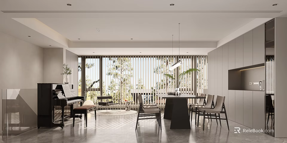 Modern Dining Interior With Natural Light Sliding Blinds Dining Table And Chairs 3d model