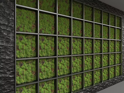 Natural Green Moss Wall Interior with Grid Design and Textured Stone Backdrop 3d model