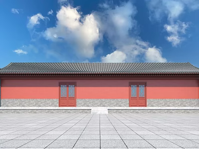 Traditional Chinese Building Red Walls Gray Tiled Roof Blue Sky White Clouds Empty Stone Pavement 3d model
