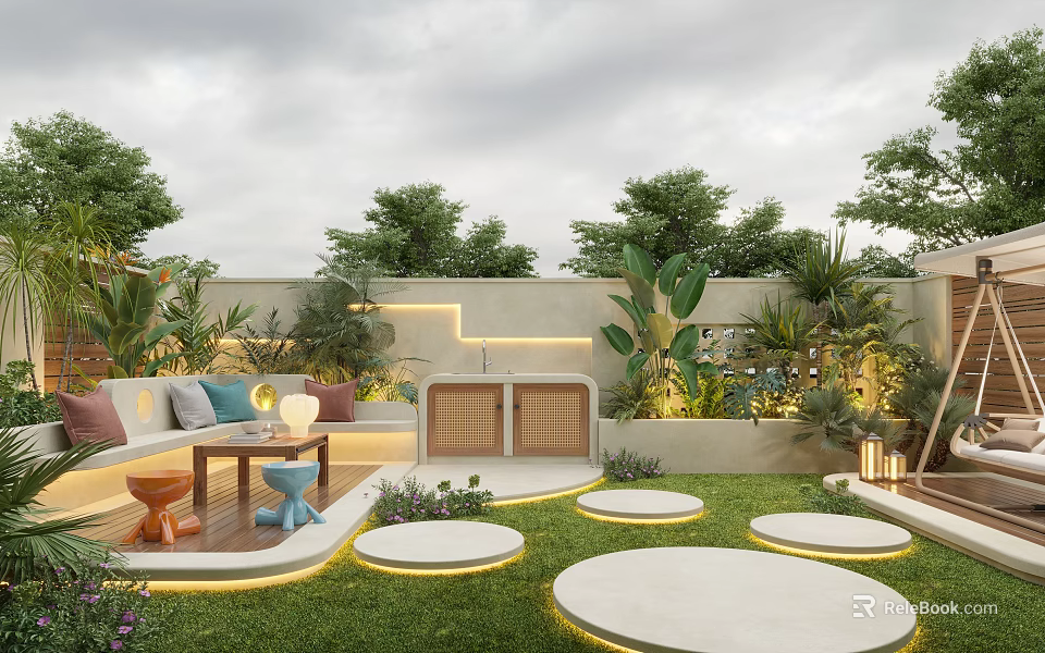 Courtyard Garden Design With Outdoor Sofa Green Plants Circular Stone Slabs And Lawn 3d model 