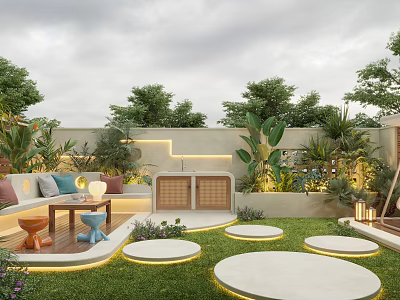 Courtyard Garden Design With Outdoor Sofa Green Plants Circular Stone Slabs And Lawn 3d model