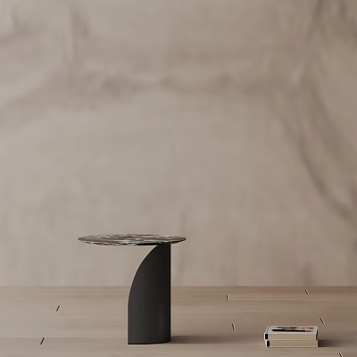 Round Marble Top Side Table With Black Curved Legs On Wooden Floor Against Light Wall 3d model