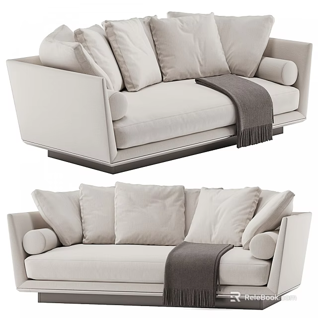 Modern Light Colored Two Seater Sofa With Soft Cushions And Gray Throw Blanket 3d model