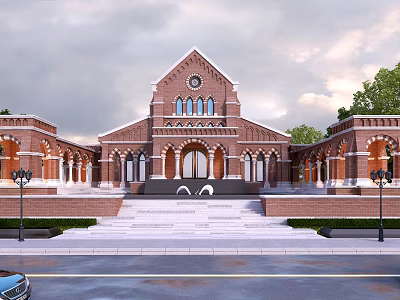 Red Brick Religious Architecture Featuring Arched Doors Stone Steps Street Lamps And Trees 3d model