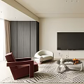 Modern Elegant Living Room Interior With Blue Sofa TV And Patterned Rug