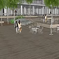 Garden Landscape With Wooden Deck Tables Chairs Green Trees And Stone Wall